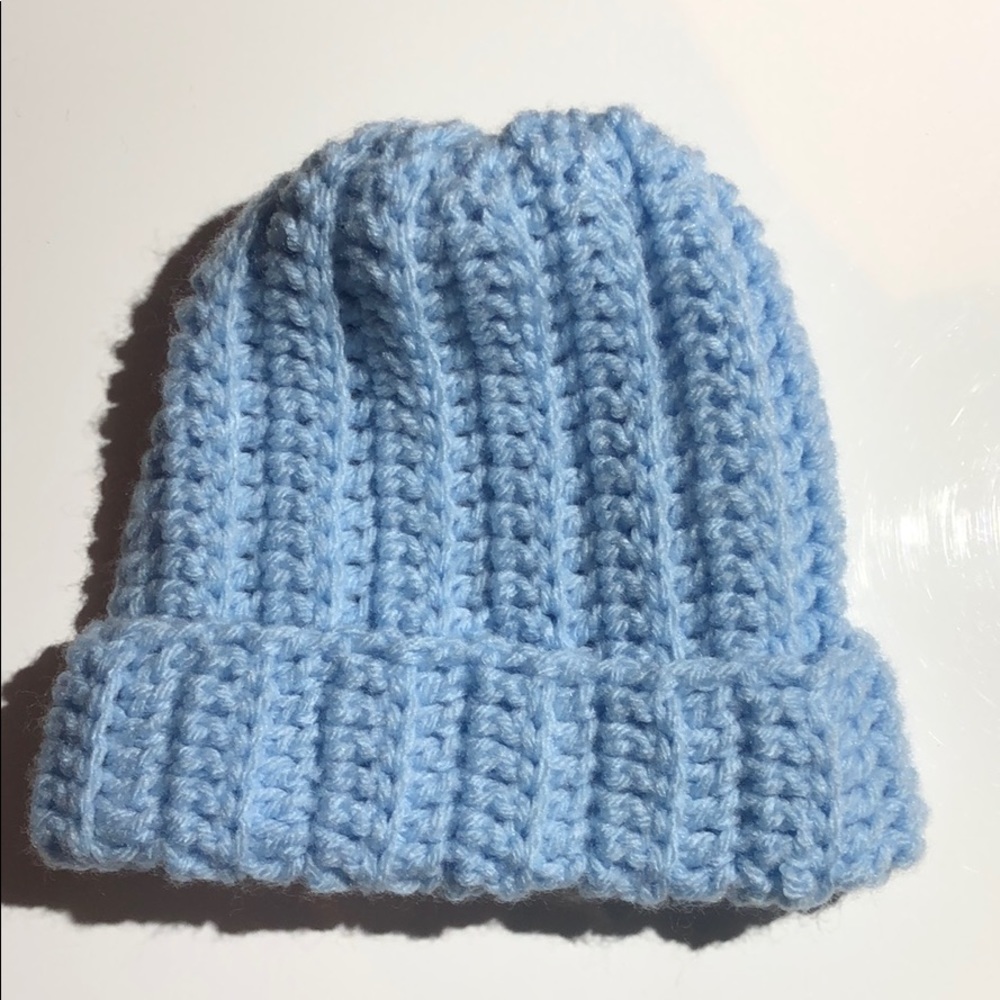Baby beanie hat blue handmade soft yarn